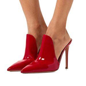 FSJ Red Pointed Toe Stiletto High Heel Mule